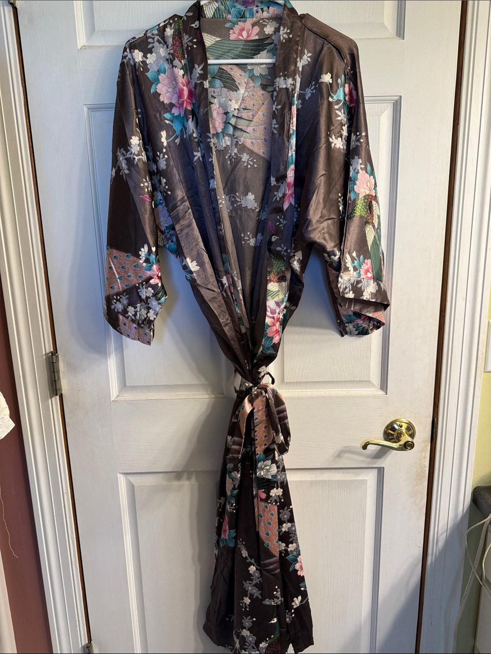 Floral Satin Kimono Robe in Charcoal with Pink & Teal Flowers